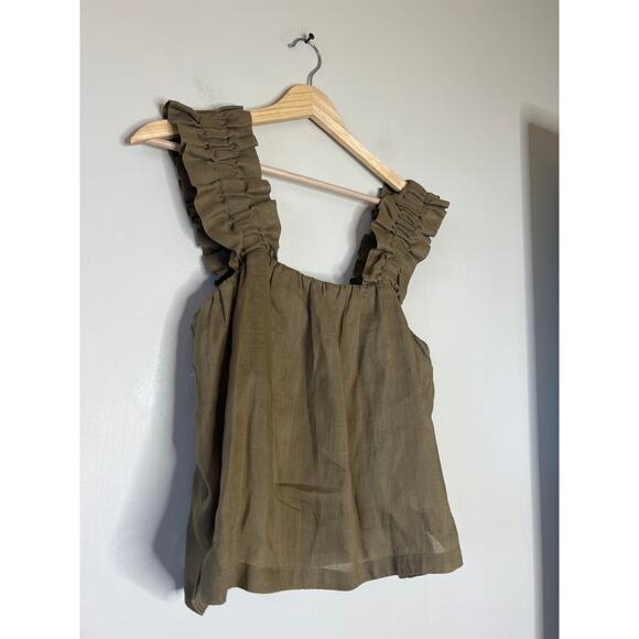 NEW FRAME Ruffle Strap Tank Square Neck Back Button Top Moose Green Size: Small - Picture 3 of 7